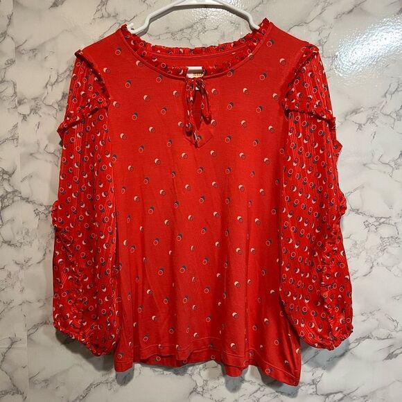 Maeve Jacquin Peasant Blouse Sparkle Ruffle Top Tangerine Size S - Picture 3 of 12
